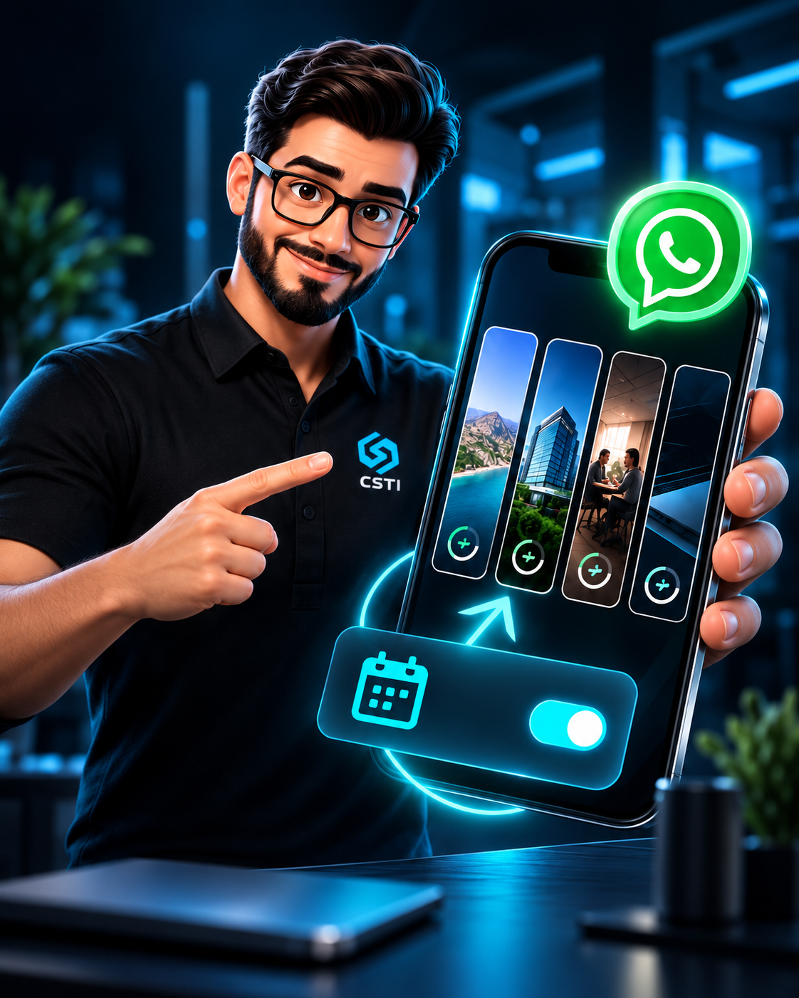 Personagem da CSTI Brasil apresentando um celular com Status e um símbolo de agendamento